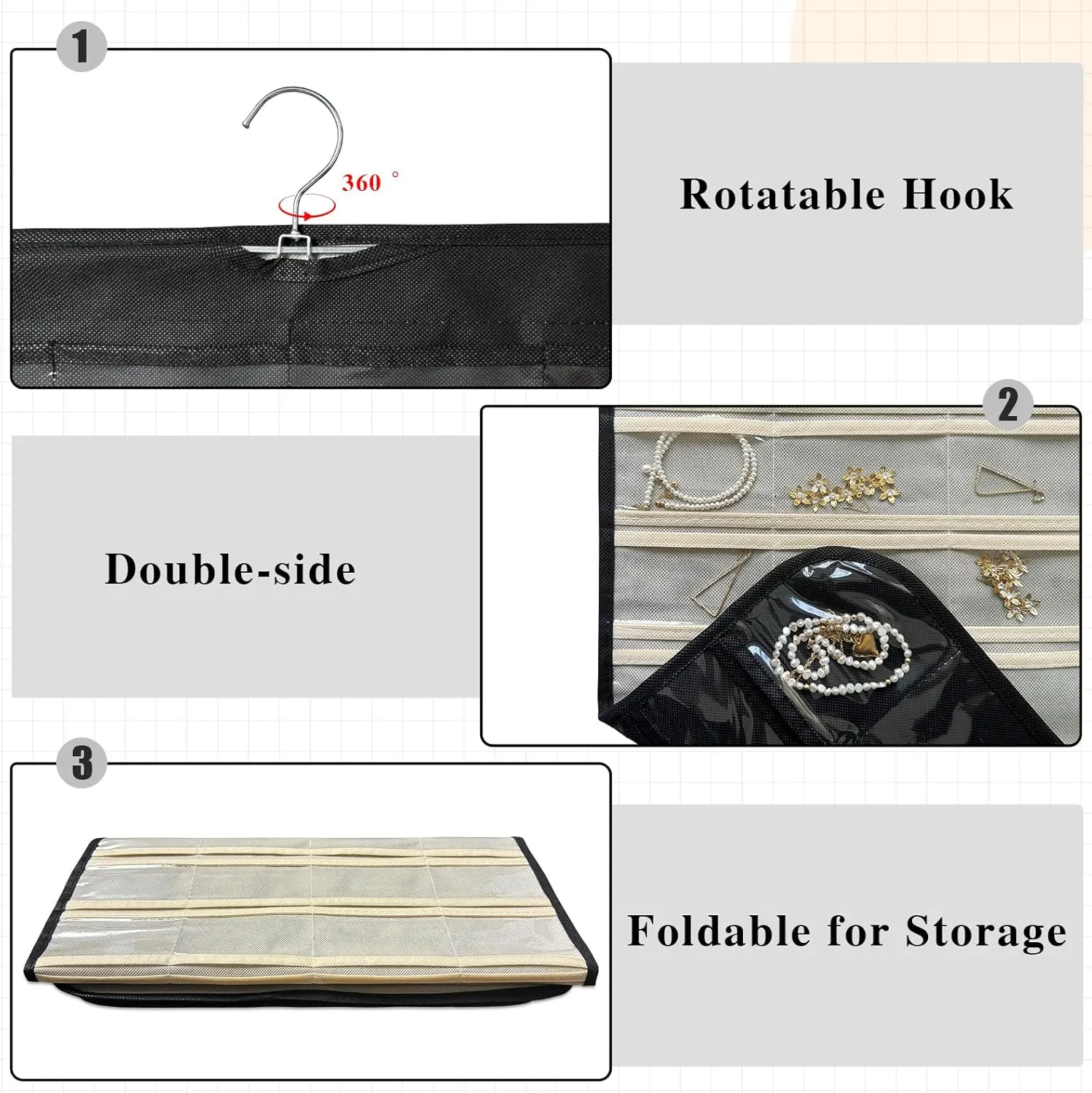 1-Pack Hanging Jewelry Organizer 80-Pocket Dual-sided Jewelry Storage for Earring Necklace Bracelet Ring and more, Black and Beige