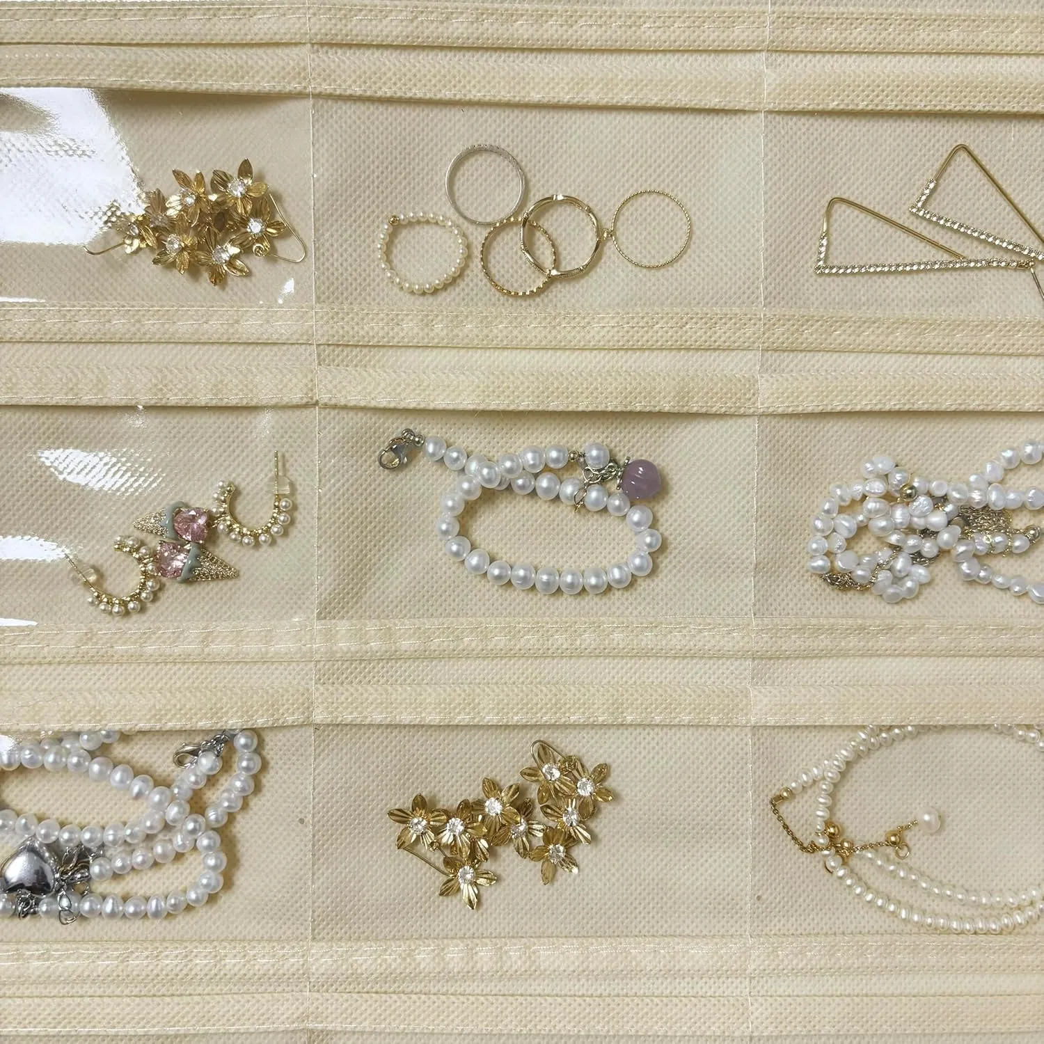 1-Pack Hanging Jewelry Organizer 80-Pocket Dual-sided Jewelry Storage for Earring Necklace Bracelet Ring and more, Black and Beige