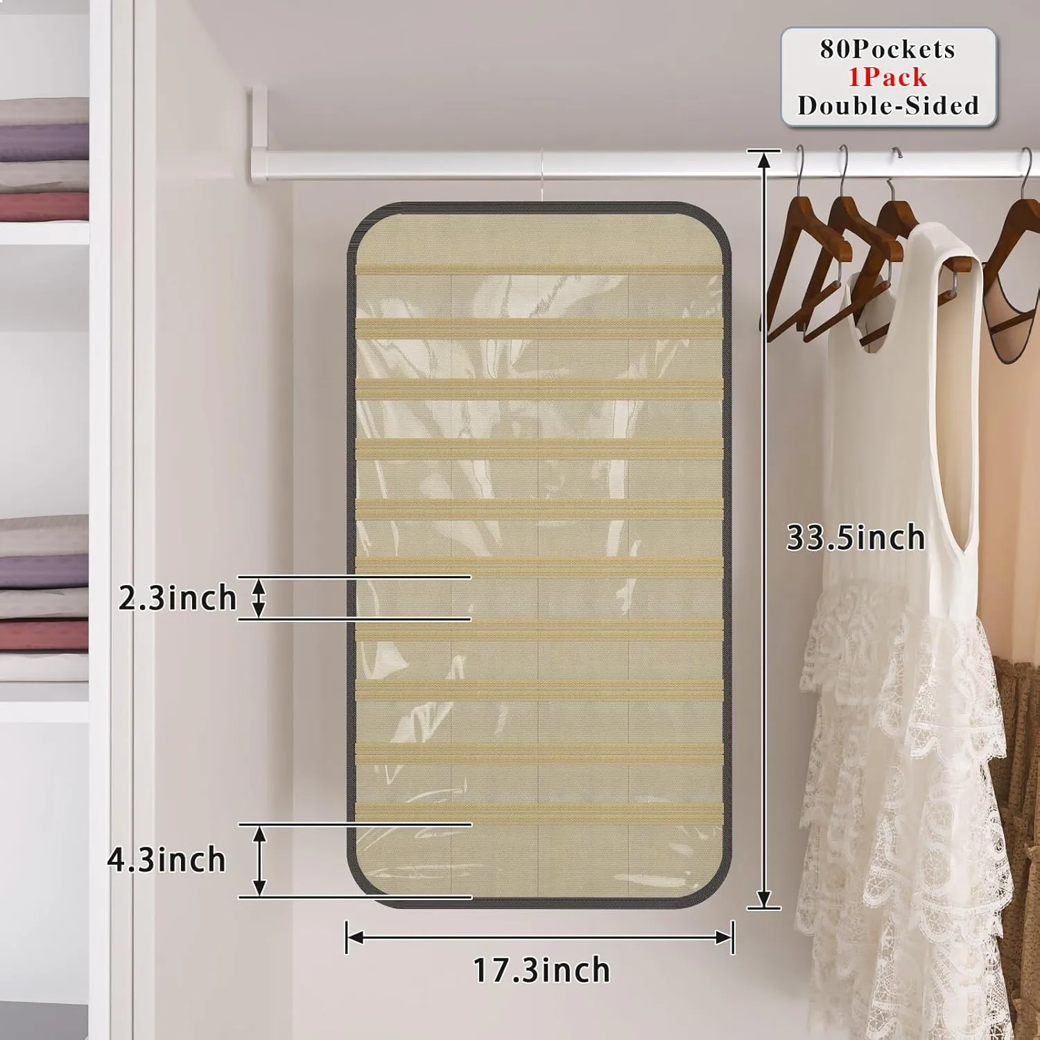 1-Pack Hanging Jewelry Organizer 80-Pocket Dual-sided Jewelry Storage for Earring Necklace Bracelet Ring and more, Black and Beige