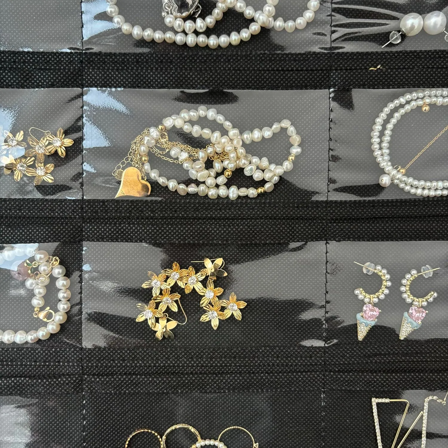 1-Pack Hanging Jewelry Organizer 80-Pocket Dual-sided Jewelry Storage for Earring Necklace Bracelet Ring and more, Black and Beige