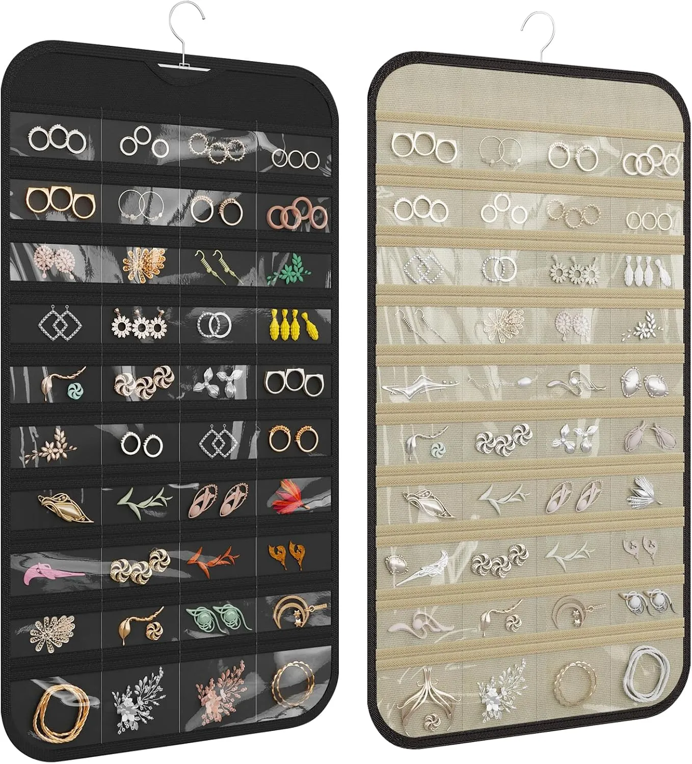 1-Pack Hanging Jewelry Organizer 80-Pocket Dual-sided Jewelry Storage for Earring Necklace Bracelet Ring and more, Black and Beige