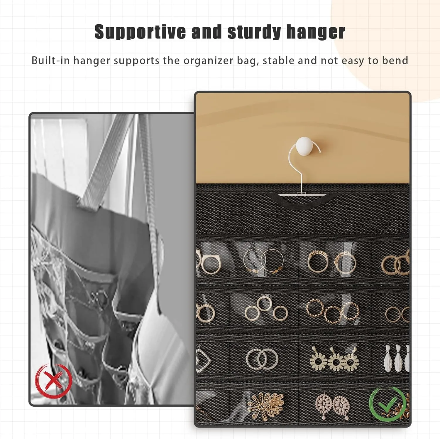 1-Pack Hanging Jewelry Organizer 80-Pocket Dual-sided Jewelry Storage for Earring Necklace Bracelet Ring and more, Black and Beige