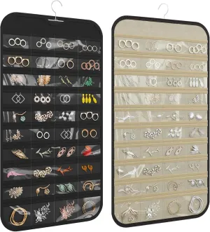 1-Pack Hanging Jewelry Organizer 80-Pocket Dual-sided Jewelry Storage for Earring Necklace Bracelet Ring and more, Black and Beige