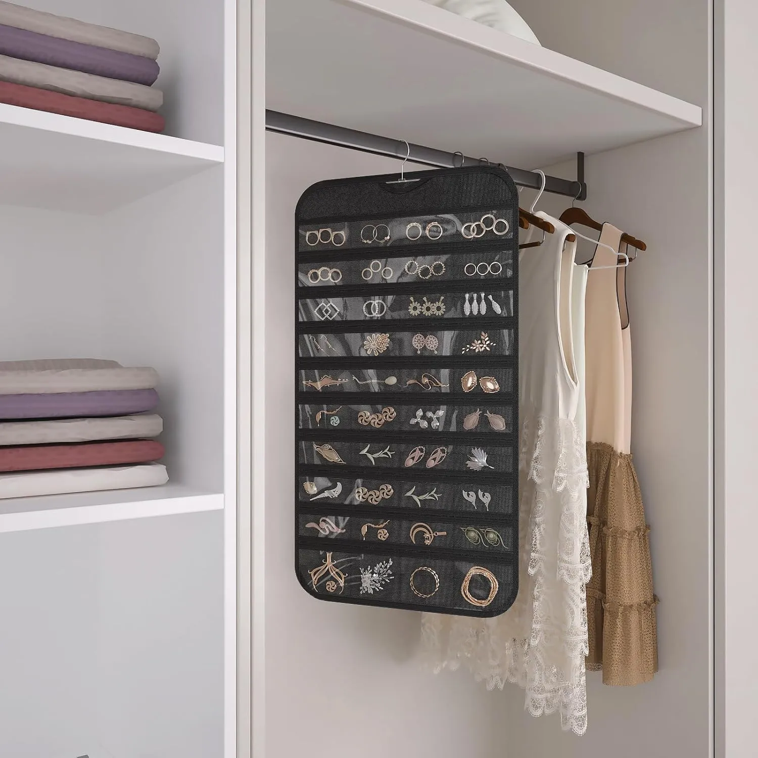 1-Pack Hanging Jewelry Organizer 80-Pocket Dual-sided Jewelry Storage for Earring Necklace Bracelet Ring and more, Black and Beige