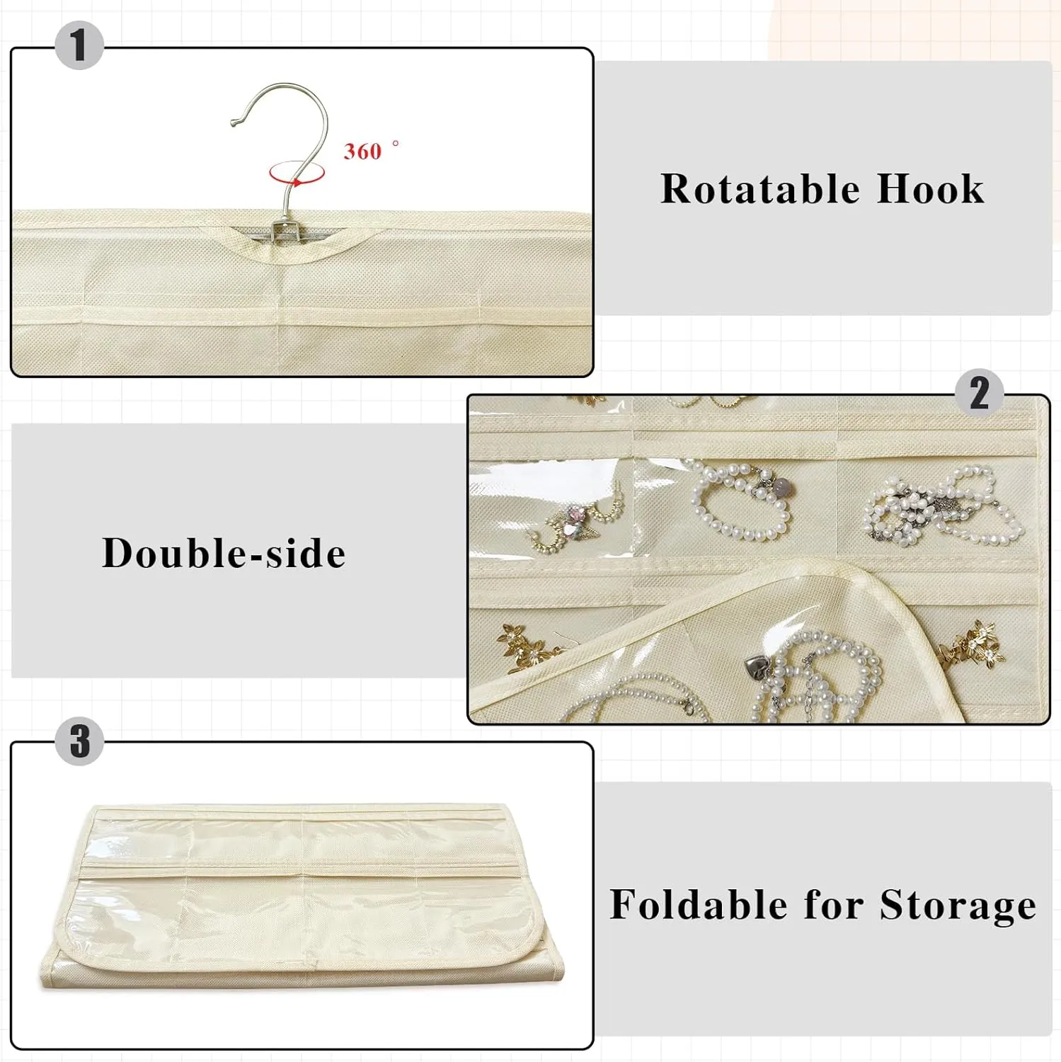 1-Pack Hanging Jewelry Organizer 80-Pocket Dual-sided Jewelry Storage for Jewelry Earring Necklace Bracelet Ring Storage Travel Holder, Beige