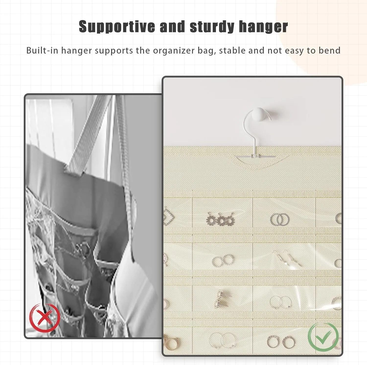 1-Pack Hanging Jewelry Organizer 80-Pocket Dual-sided Jewelry Storage for Jewelry Earring Necklace Bracelet Ring Storage Travel Holder, Beige