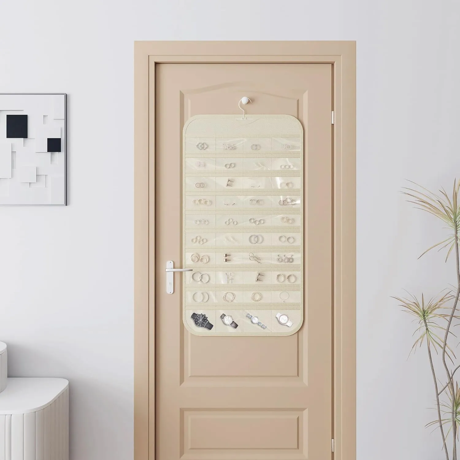 1-Pack Hanging Jewelry Organizer 80-Pocket Dual-sided Jewelry Storage for Jewelry Earring Necklace Bracelet Ring Storage Travel Holder, Beige