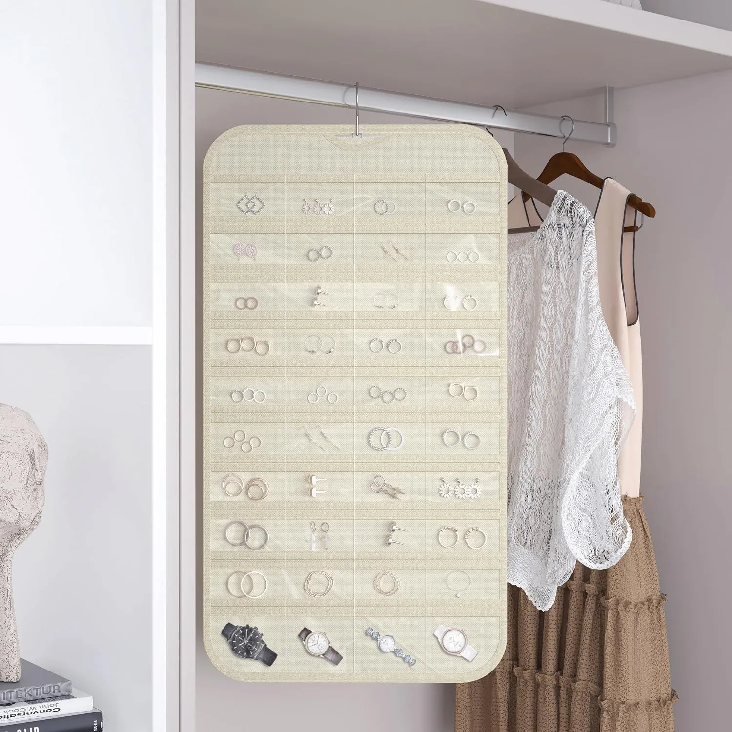 1-Pack Hanging Jewelry Organizer 80-Pocket Dual-sided Jewelry Storage for Jewelry Earring Necklace Bracelet Ring Storage Travel Holder, Beige