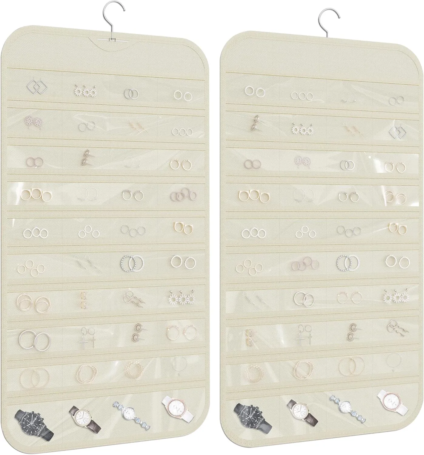 1-Pack Hanging Jewelry Organizer 80-Pocket Dual-sided Jewelry Storage for Jewelry Earring Necklace Bracelet Ring Storage Travel Holder, Beige