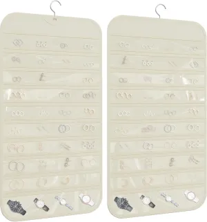 1-Pack Hanging Jewelry Organizer 80-Pocket Dual-sided Jewelry Storage for Jewelry Earring Necklace Bracelet Ring Storage Travel Holder, Beige