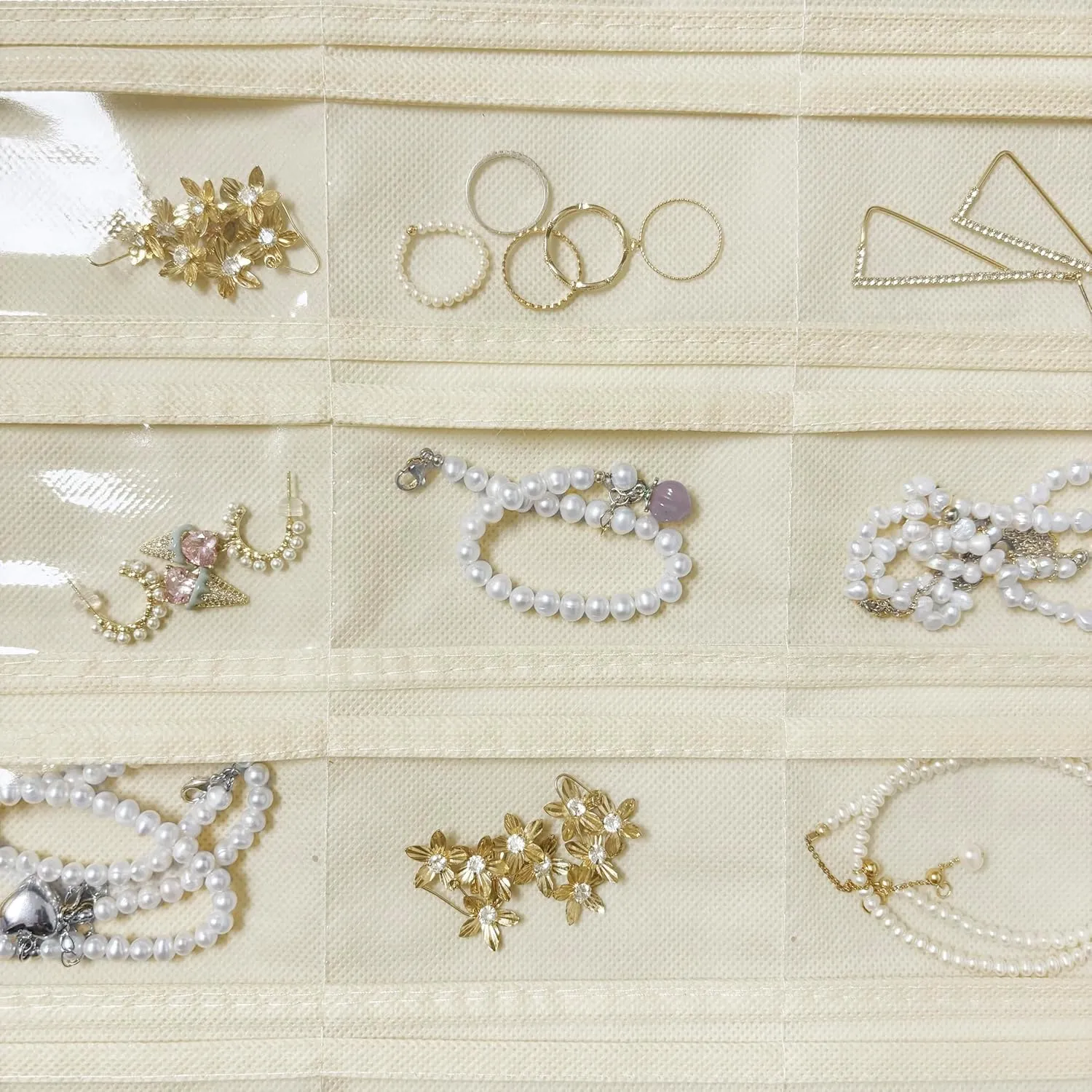 1-Pack Hanging Jewelry Organizer 80-Pocket Dual-sided Jewelry Storage for Jewelry Earring Necklace Bracelet Ring Storage Travel Holder, Beige