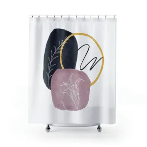 abstract boho shower curtain | navy mauve pink, white