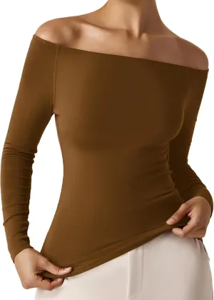 Amoretu Women's Long Sleeve Slim Fit T Shirts Sexy Off Shoulder Boat Neck Tops Basic Tees