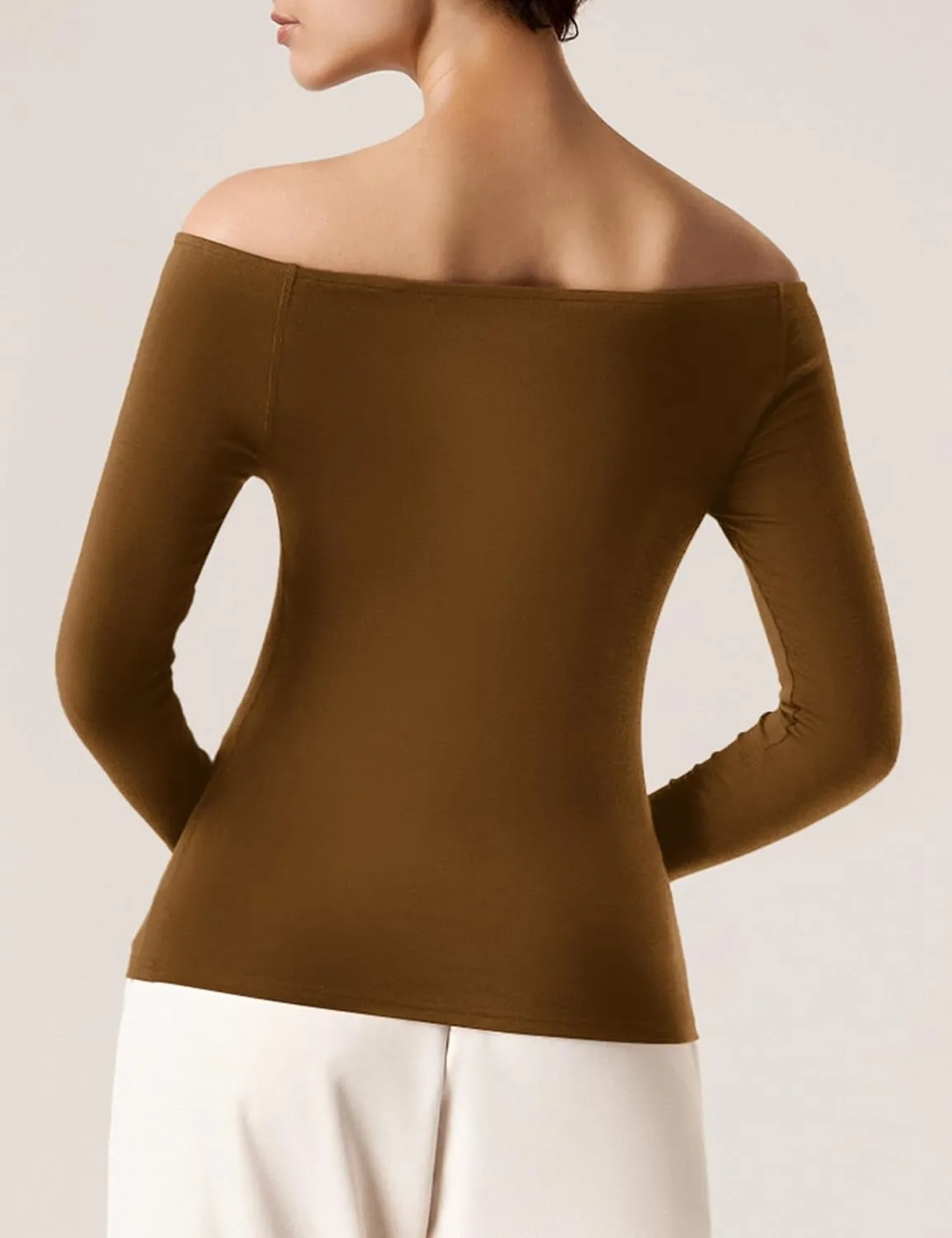 Amoretu Women's Long Sleeve Slim Fit T Shirts Sexy Off Shoulder Boat Neck Tops Basic Tees