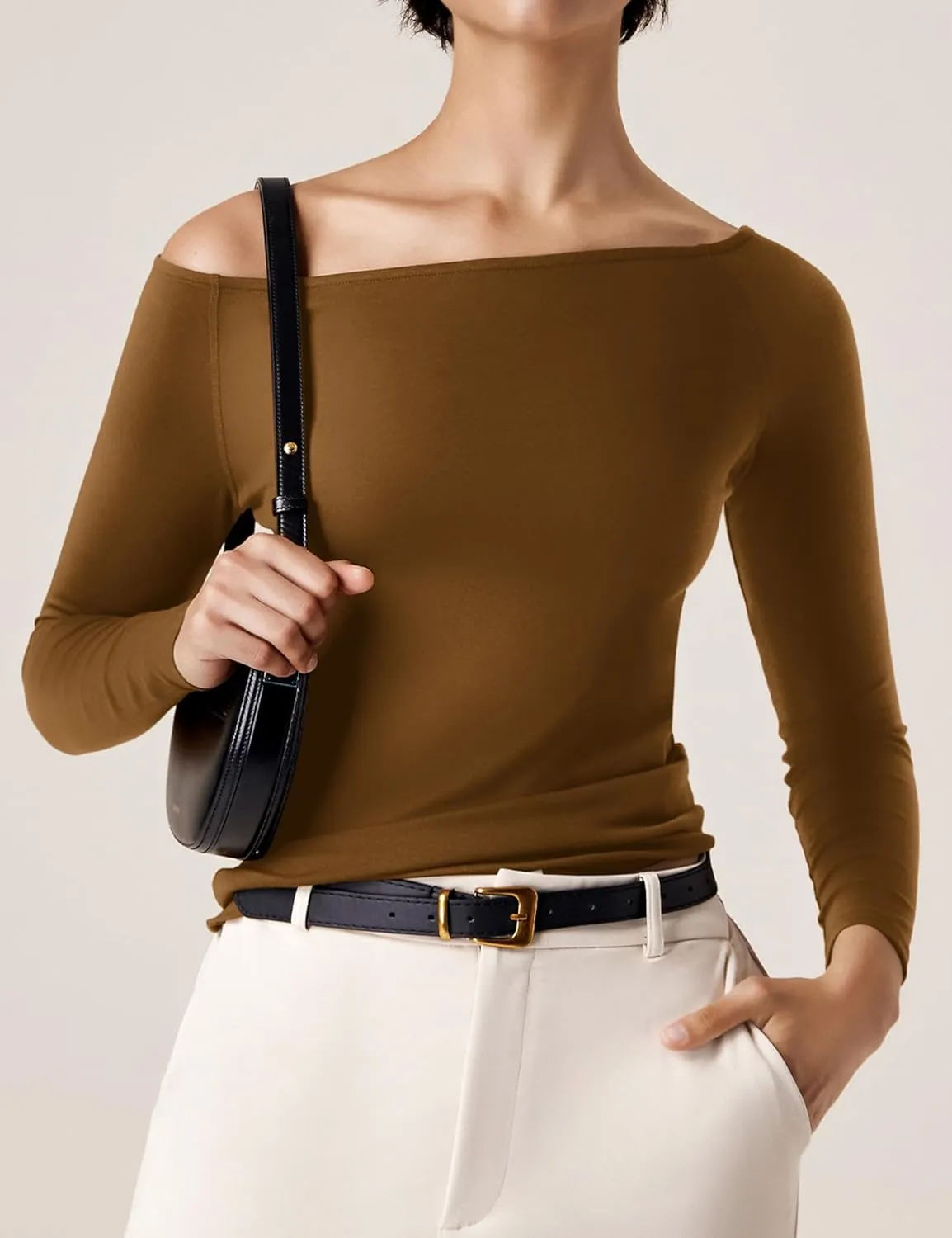 Amoretu Women's Long Sleeve Slim Fit T Shirts Sexy Off Shoulder Boat Neck Tops Basic Tees