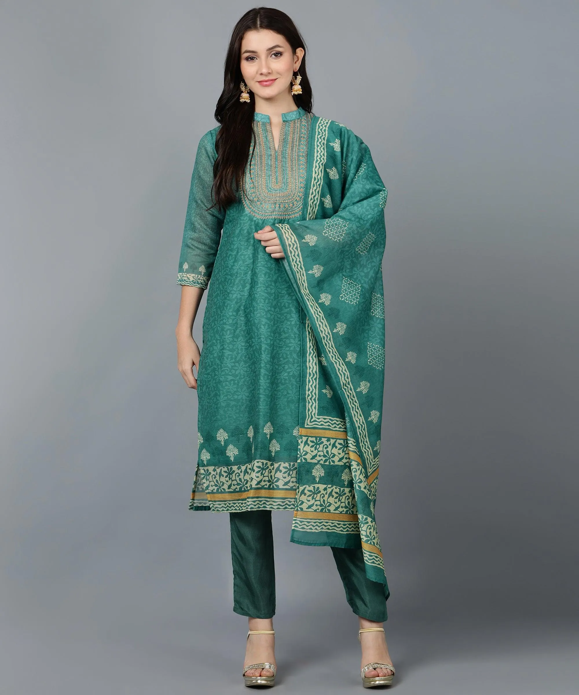 Bani Women Rust & Green Kurta Pant Set with Dupatta