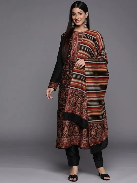 Black & Red Woven Pashmina Winter Wear Unstitched Dress Material