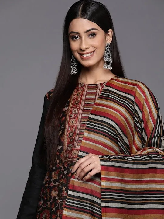 Black & Red Woven Pashmina Winter Wear Unstitched Dress Material