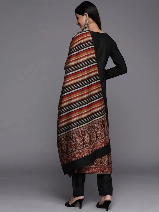 Black & Red Woven Pashmina Winter Wear Unstitched Dress Material