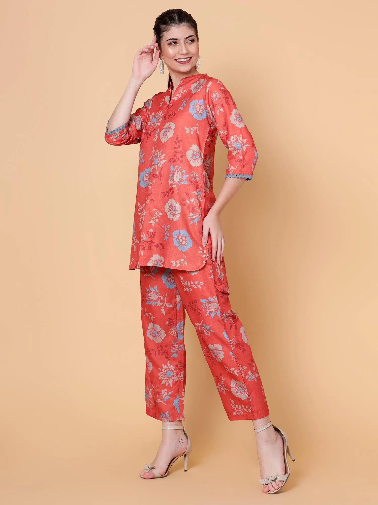Blossoms Orange Women Printed Co-Ord Set