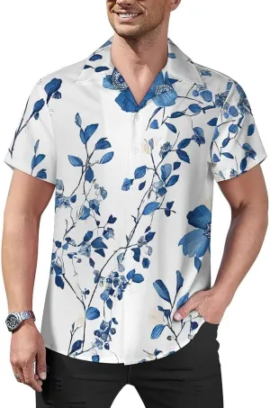 Blue Flower Floral Pattern Roses Print Cuban Collar Shirt Classic Design for Comfort and Style