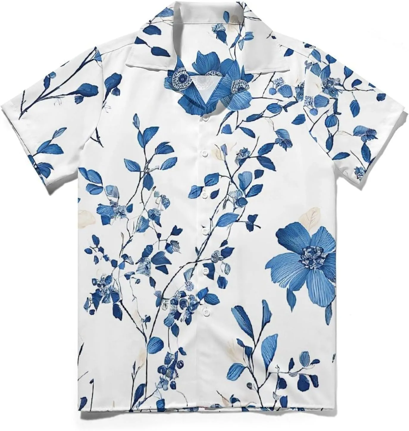 Blue Flower Floral Pattern Roses Print Cuban Collar Shirt Classic Design for Comfort and Style
