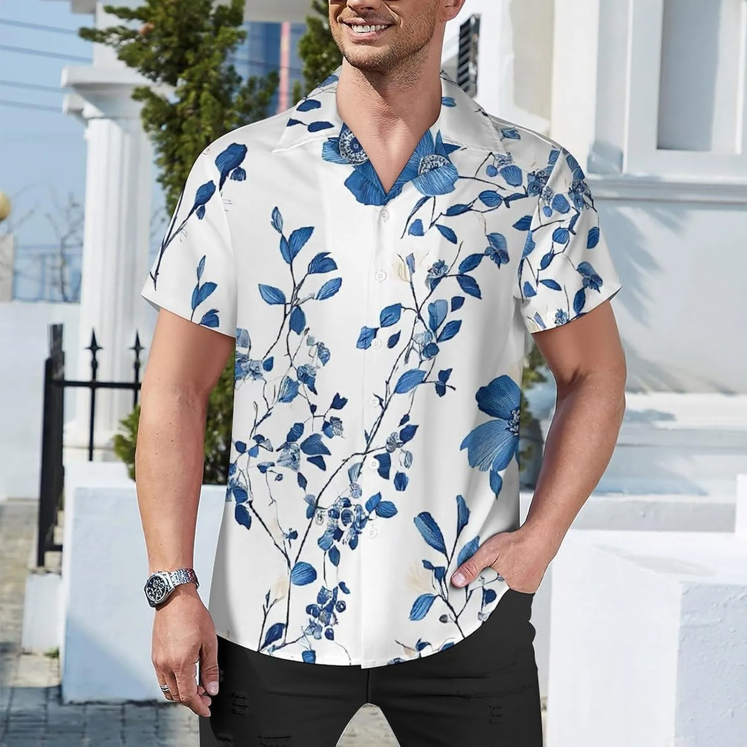 Blue Flower Floral Pattern Roses Print Cuban Collar Shirt Classic Design for Comfort and Style