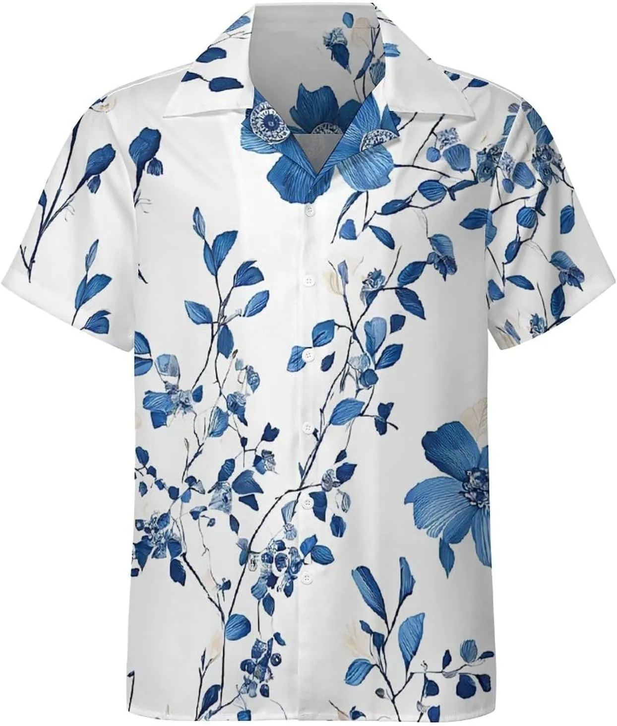 Blue Flower Floral Pattern Roses Print Cuban Collar Shirt Classic Design for Comfort and Style