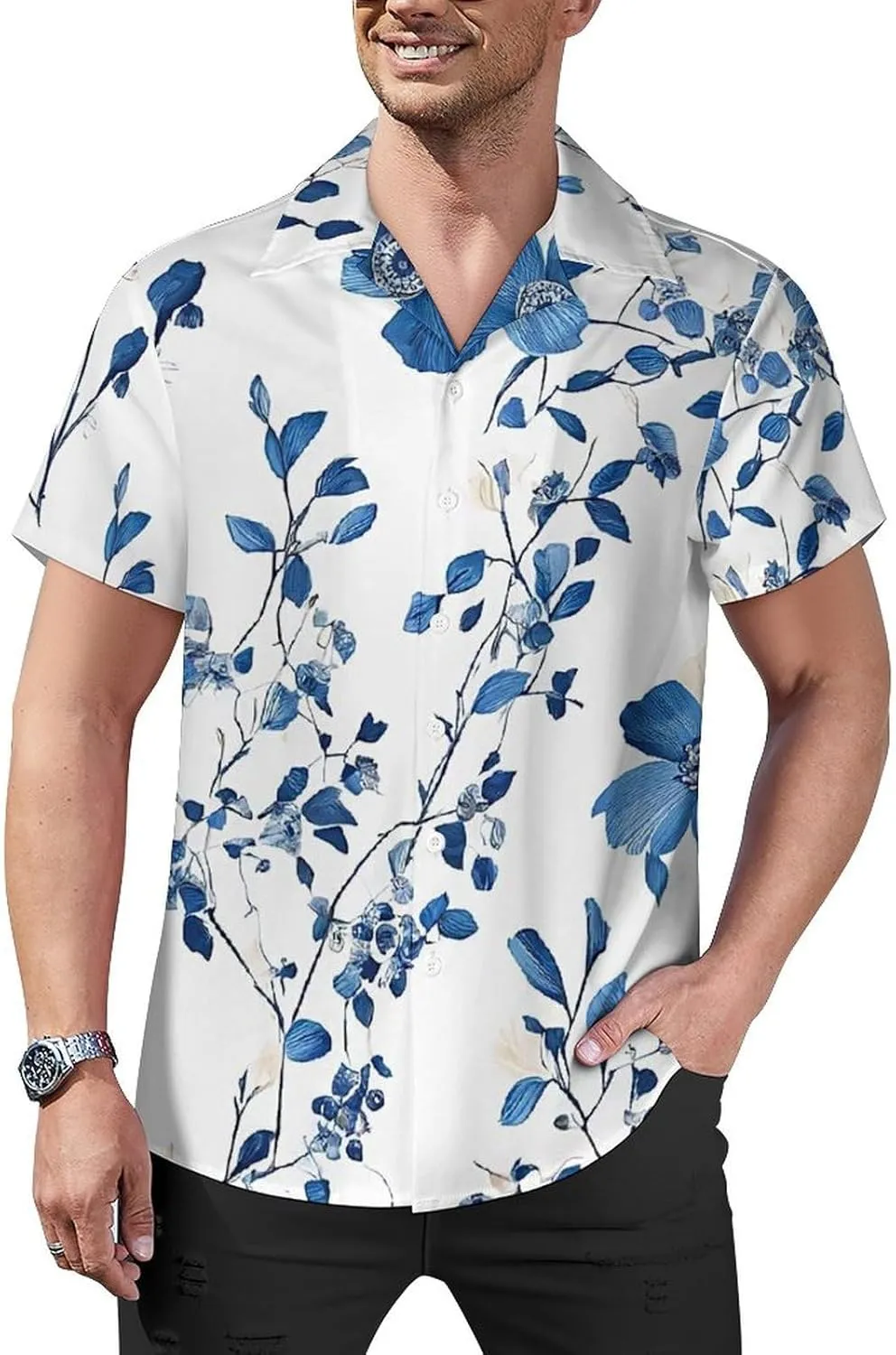 Blue Flower Floral Pattern Roses Print Cuban Collar Shirt Classic Design for Comfort and Style