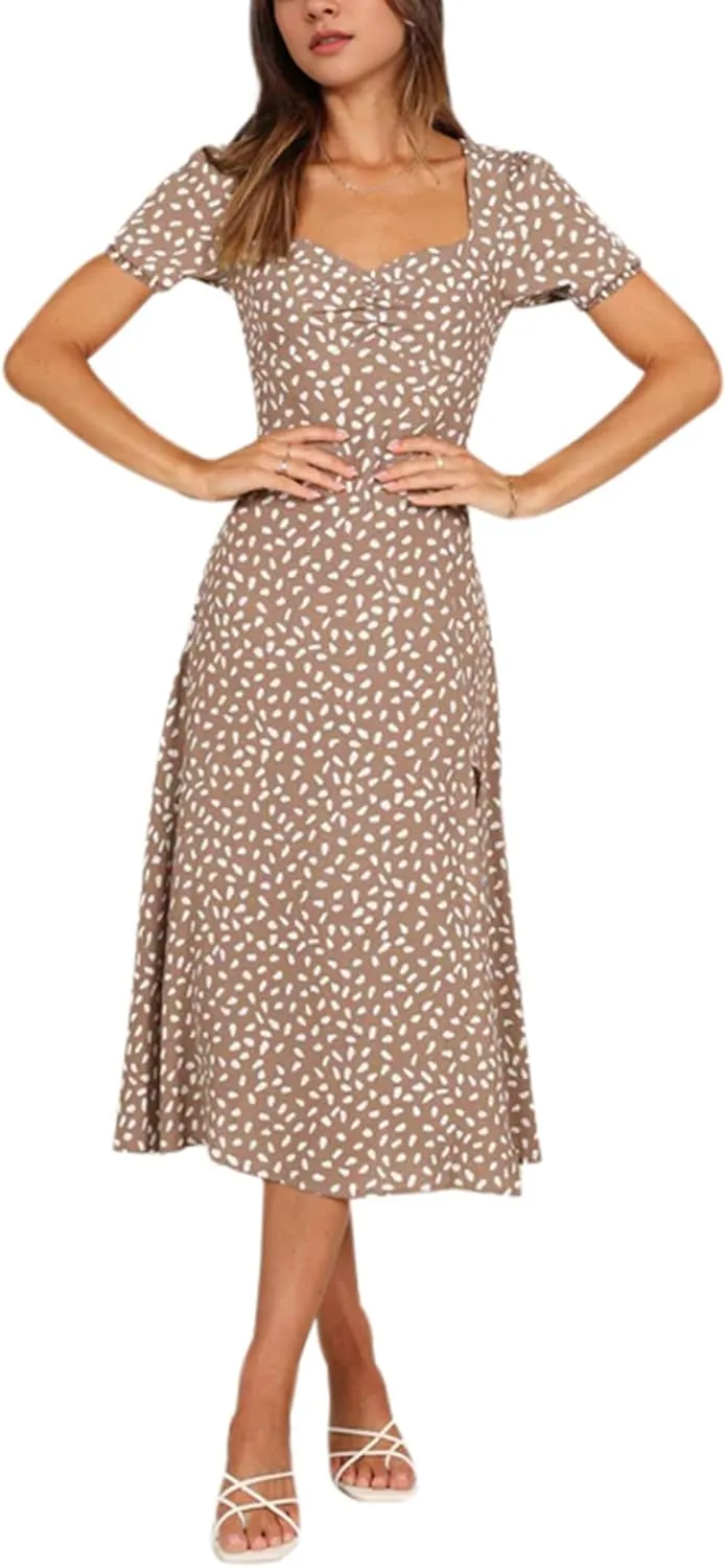 Bonkwa Women Midi Dresses Short Puff Sleeve Sweetheart Neck Casual Summer Dress High Waist A Line Slit Elegant Swing Dresses