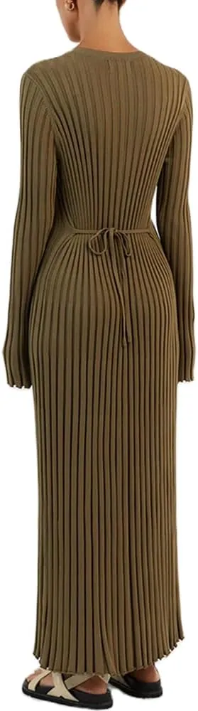 Bowanadacles Women Casual Knitted Maxi Dress Solid Color Long Sleeve Round Neck Ribbed Long Dress Elegant Party Knit Dress