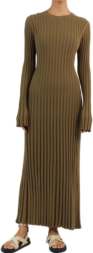 Bowanadacles Women Casual Knitted Maxi Dress Solid Color Long Sleeve Round Neck Ribbed Long Dress Elegant Party Knit Dress