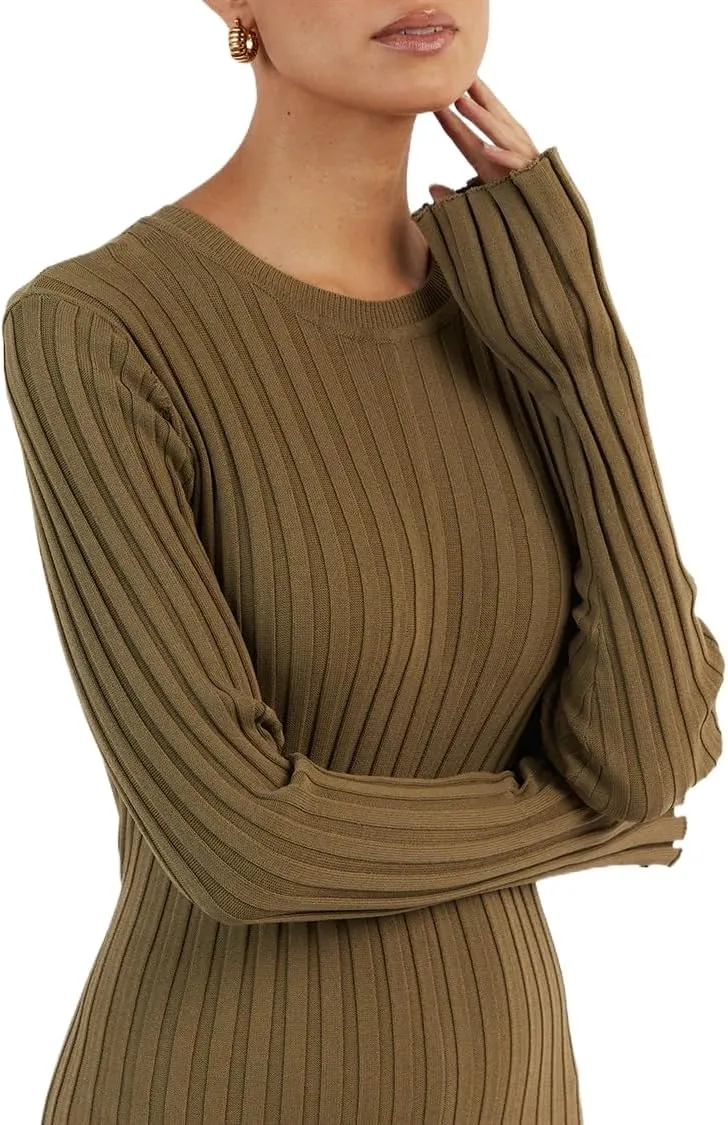 Bowanadacles Women Casual Knitted Maxi Dress Solid Color Long Sleeve Round Neck Ribbed Long Dress Elegant Party Knit Dress