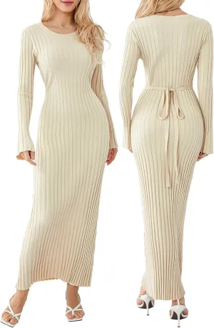 Bowanadacles Women Casual Knitted Maxi Dress Solid Color Long Sleeve Round Neck Ribbed Long Dress Elegant Party Knit Dress