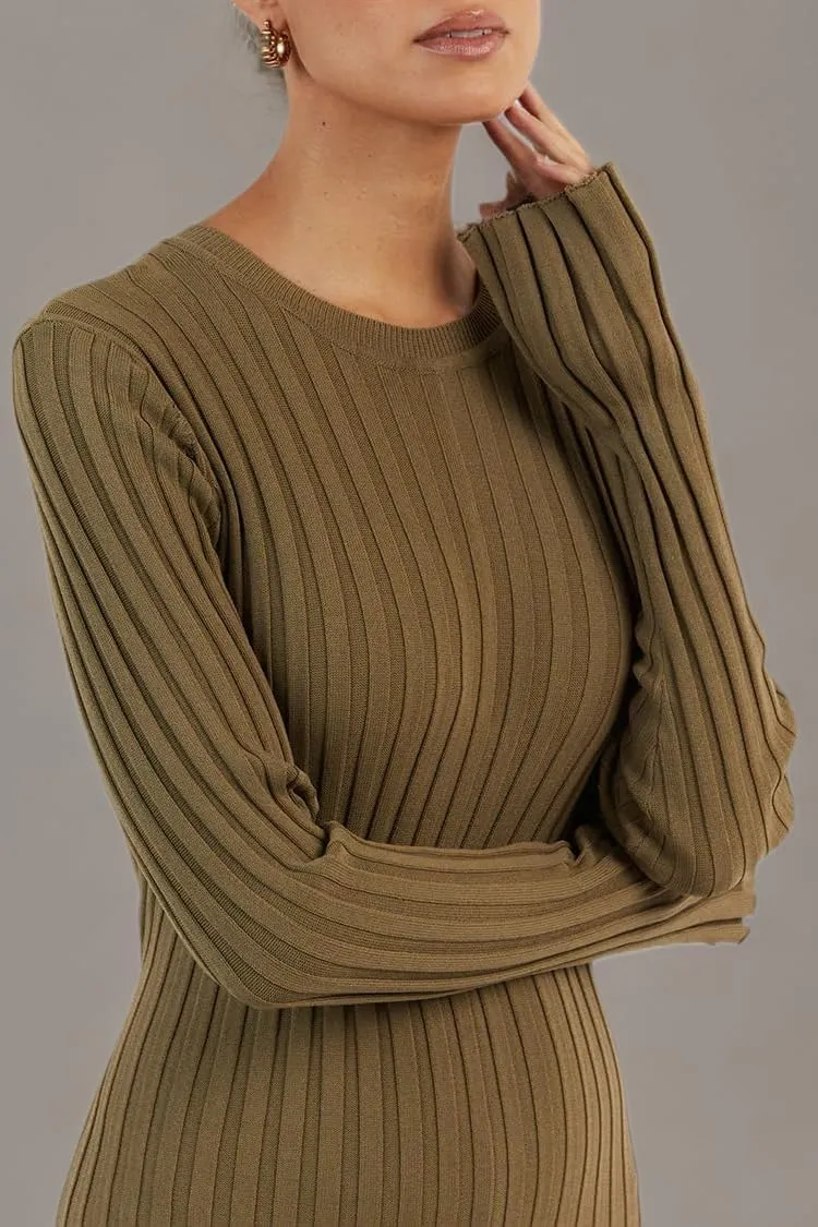 Bowanadacles Women Casual Knitted Maxi Dress Solid Color Long Sleeve Round Neck Ribbed Long Dress Elegant Party Knit Dress