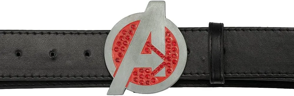 Buckle-Down Women's Comics, Marvel Avengers Logo with Red Crystal Rhinestones, Black Vegan Leather Belt