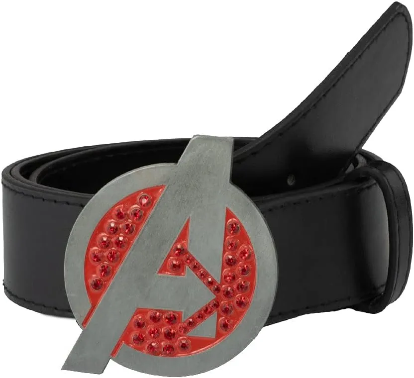 Buckle-Down Women's Comics, Marvel Avengers Logo with Red Crystal Rhinestones, Black Vegan Leather Belt