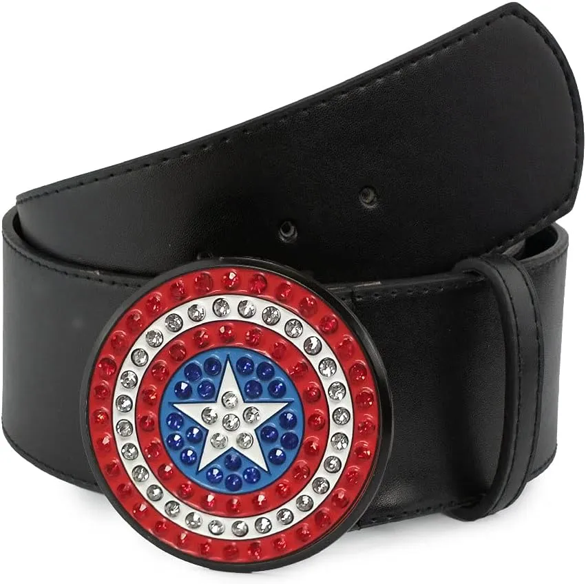 Buckle-Down Women's Marvel Comics, Captain America Shield with Crystal Rhinestones, Black Vegan Leather Belt