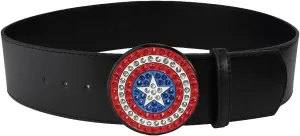 Buckle-Down Women's Marvel Comics, Captain America Shield with Crystal Rhinestones, Black Vegan Leather Belt