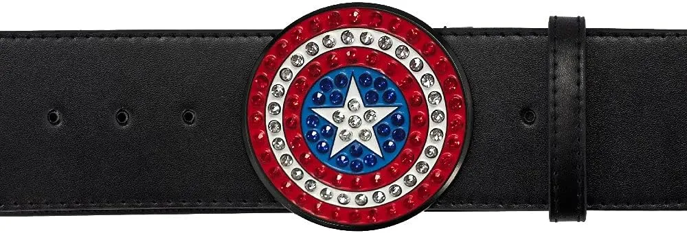 Buckle-Down Women's Marvel Comics, Captain America Shield with Crystal Rhinestones, Black Vegan Leather Belt
