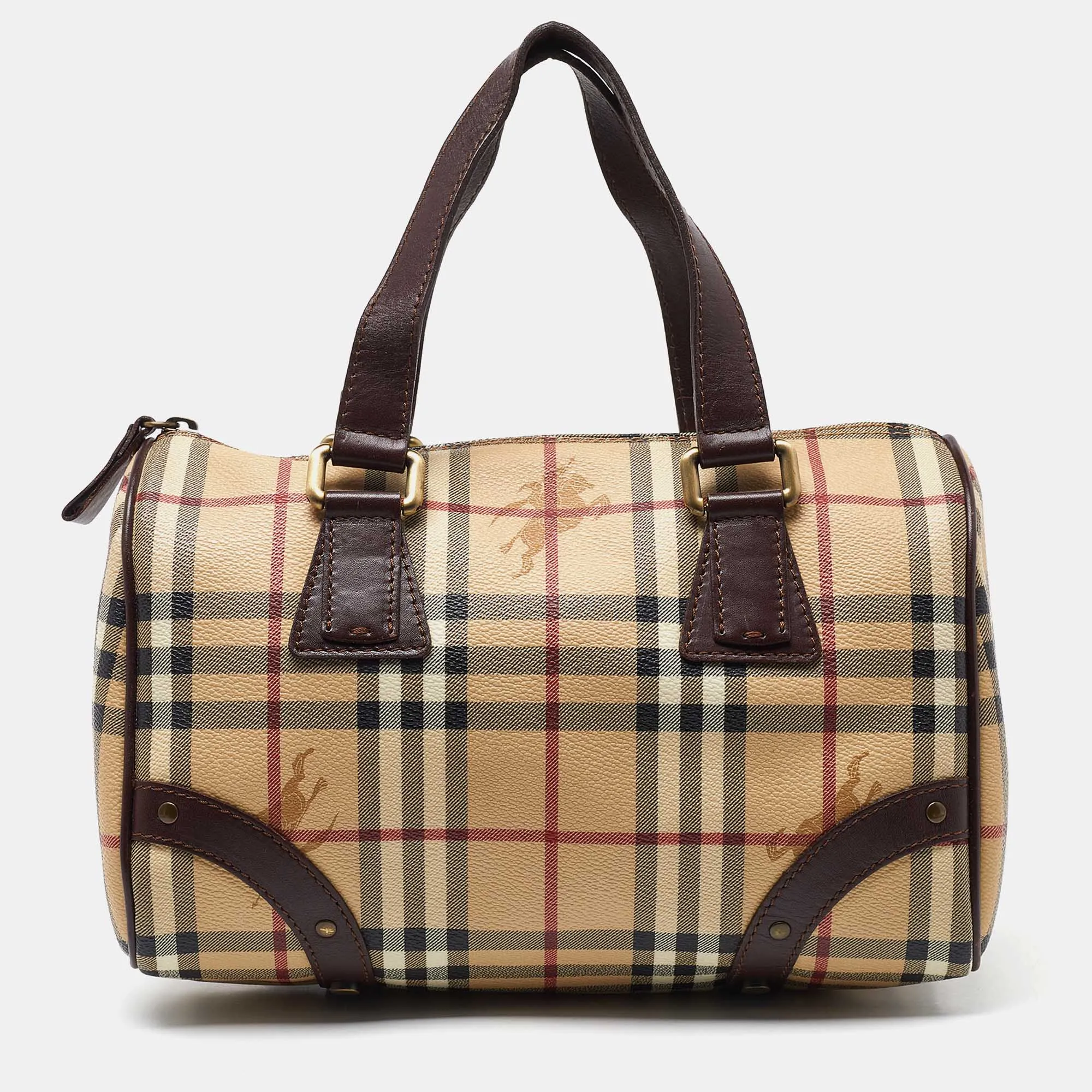 BURBERRY Brown/Beige Haymarket Coated Canvas and Leather Chester Bowler Bag