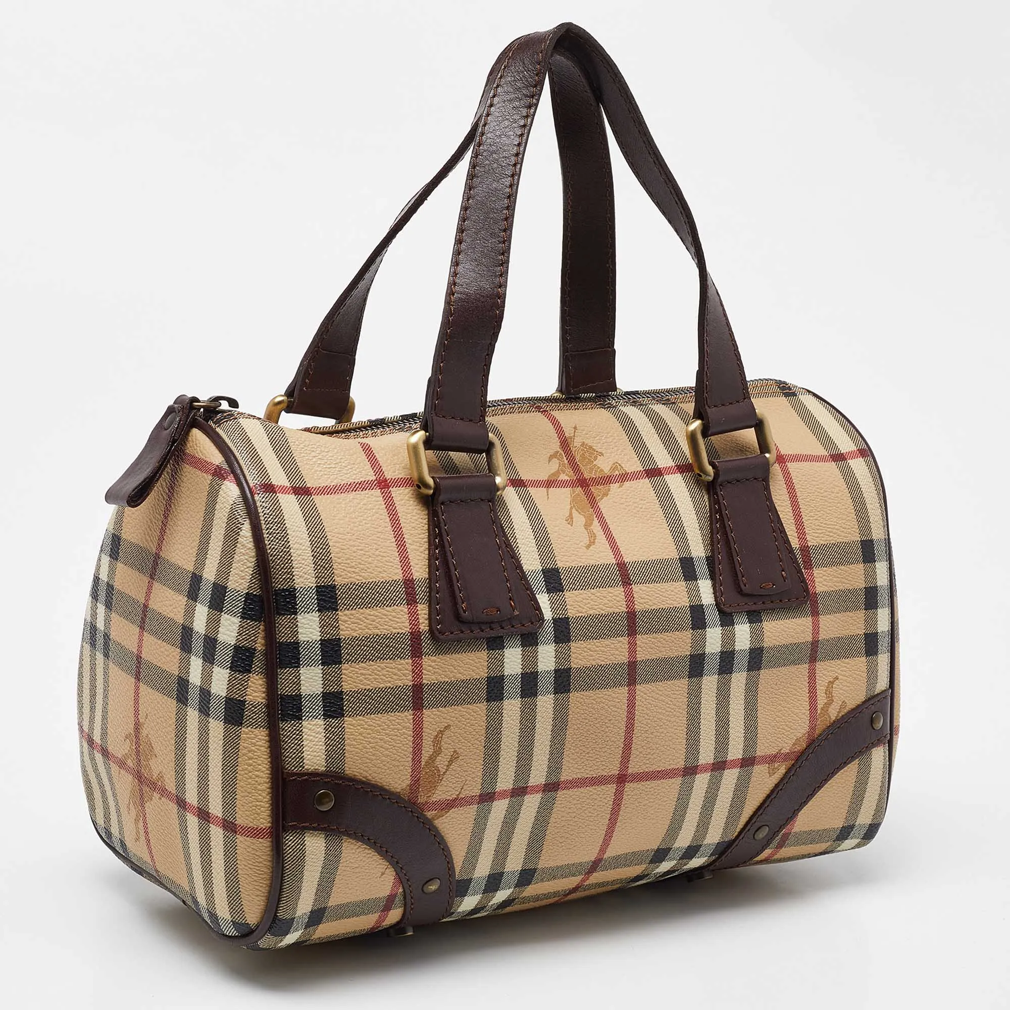 BURBERRY Brown/Beige Haymarket Coated Canvas and Leather Chester Bowler Bag