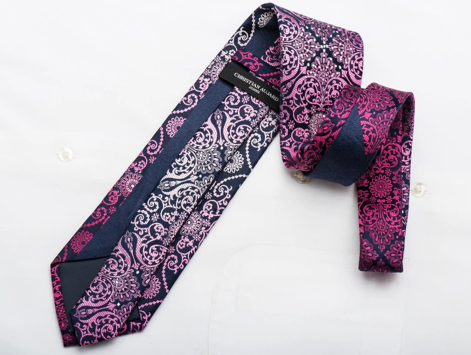 Christian Aujard Rhinestone Necktie Purple Damask On Navy With Silver Sparkles