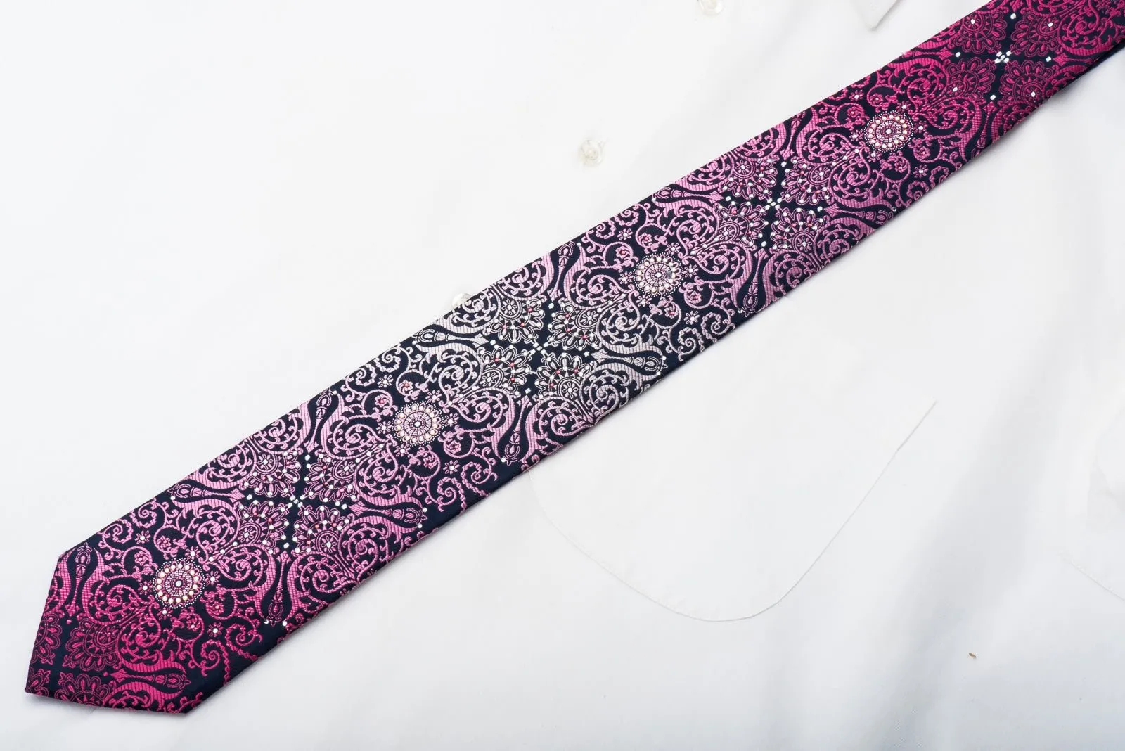Christian Aujard Rhinestone Necktie Purple Damask On Navy With Silver Sparkles