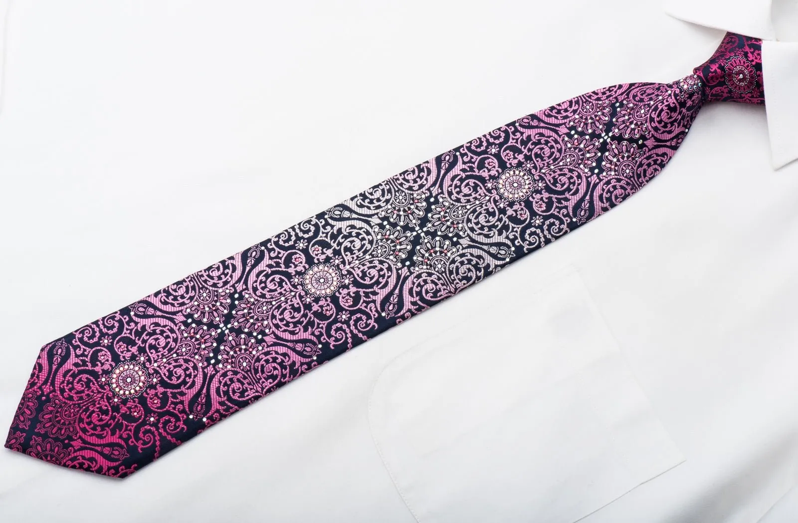 Christian Aujard Rhinestone Necktie Purple Damask On Navy With Silver Sparkles