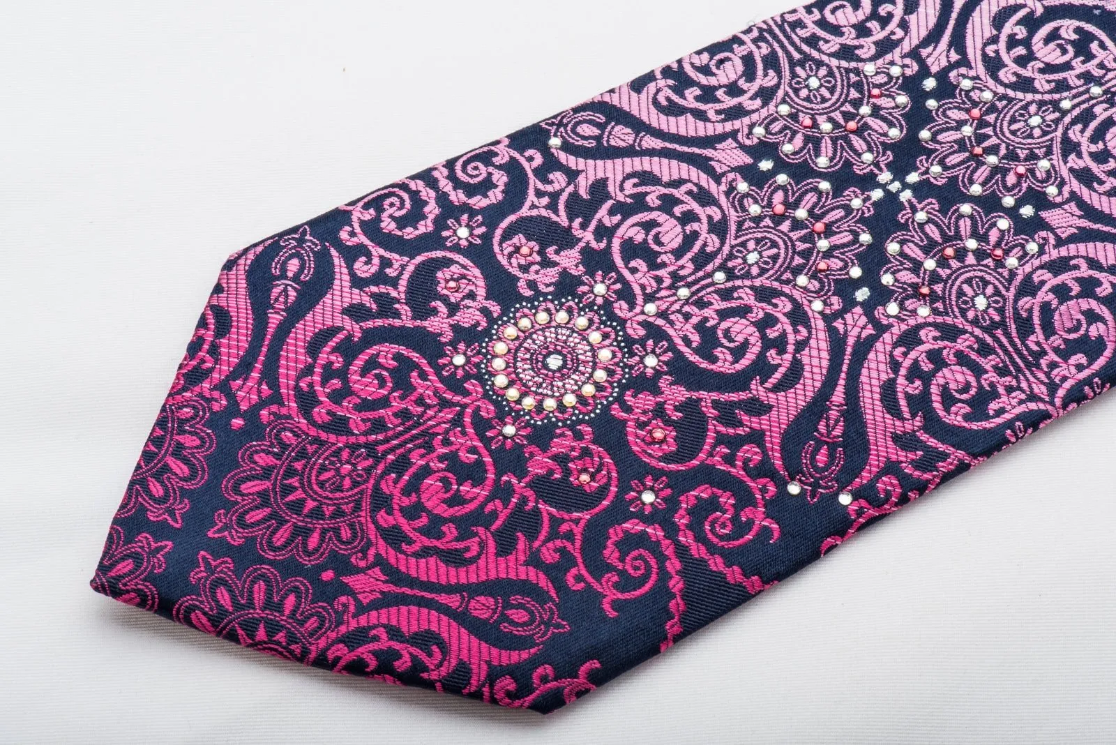 Christian Aujard Rhinestone Necktie Purple Damask On Navy With Silver Sparkles