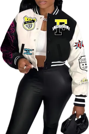 COZYPOIN Women's Varsity Jacket Cropped Letterman Jacket Lightweight Button Down Bomber Racer Baseball Y2K Coats(Black-M)