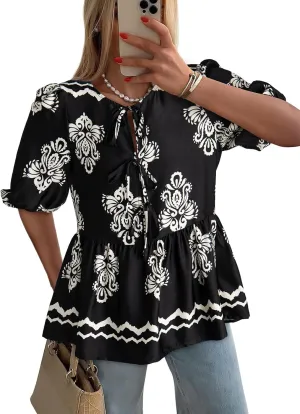 Dokotoo Summer Tops for Women Dressy Casual Business Crewneck Babydoll Peplum Puff Sleeve Shirts Tie Front Boho Blouses