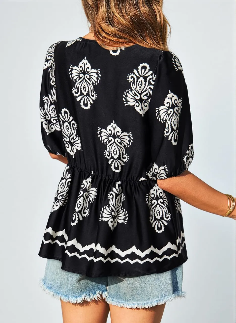 Dokotoo Summer Tops for Women Dressy Casual Business Crewneck Babydoll Peplum Puff Sleeve Shirts Tie Front Boho Blouses