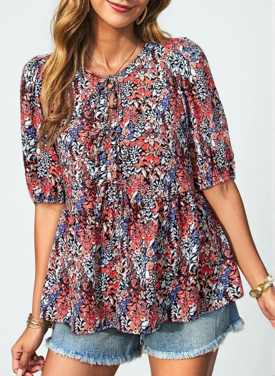 Dokotoo Summer Tops for Women Dressy Casual Business Crewneck Babydoll Peplum Puff Sleeve Shirts Tie Front Boho Blouses
